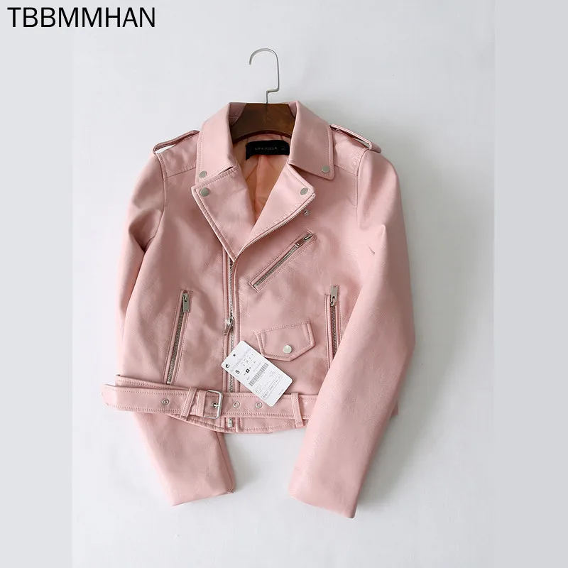 

5 Color Women Short Faux PU Leather Jacket Plus Belt Pink Yellow Slim Lapel Streetwear Long Sleeve Biker Jacket Spring Autumn