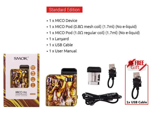Gold 1 Gift Распродажа! комплект SMOK Mico, электронная сигарета, аккумулятор 700 мАч, электронная сигарета, анти-протекающая сигарета, картридж, катушка VS NORD RPM40 - Цвет: Gold 1 Gift