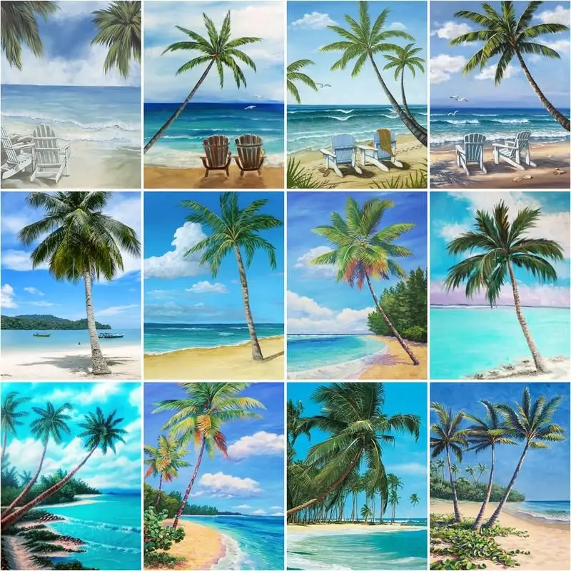 GATYZTORY масляная краска для раскрашивания по номерам пляж кокос вид на море Diy рамка