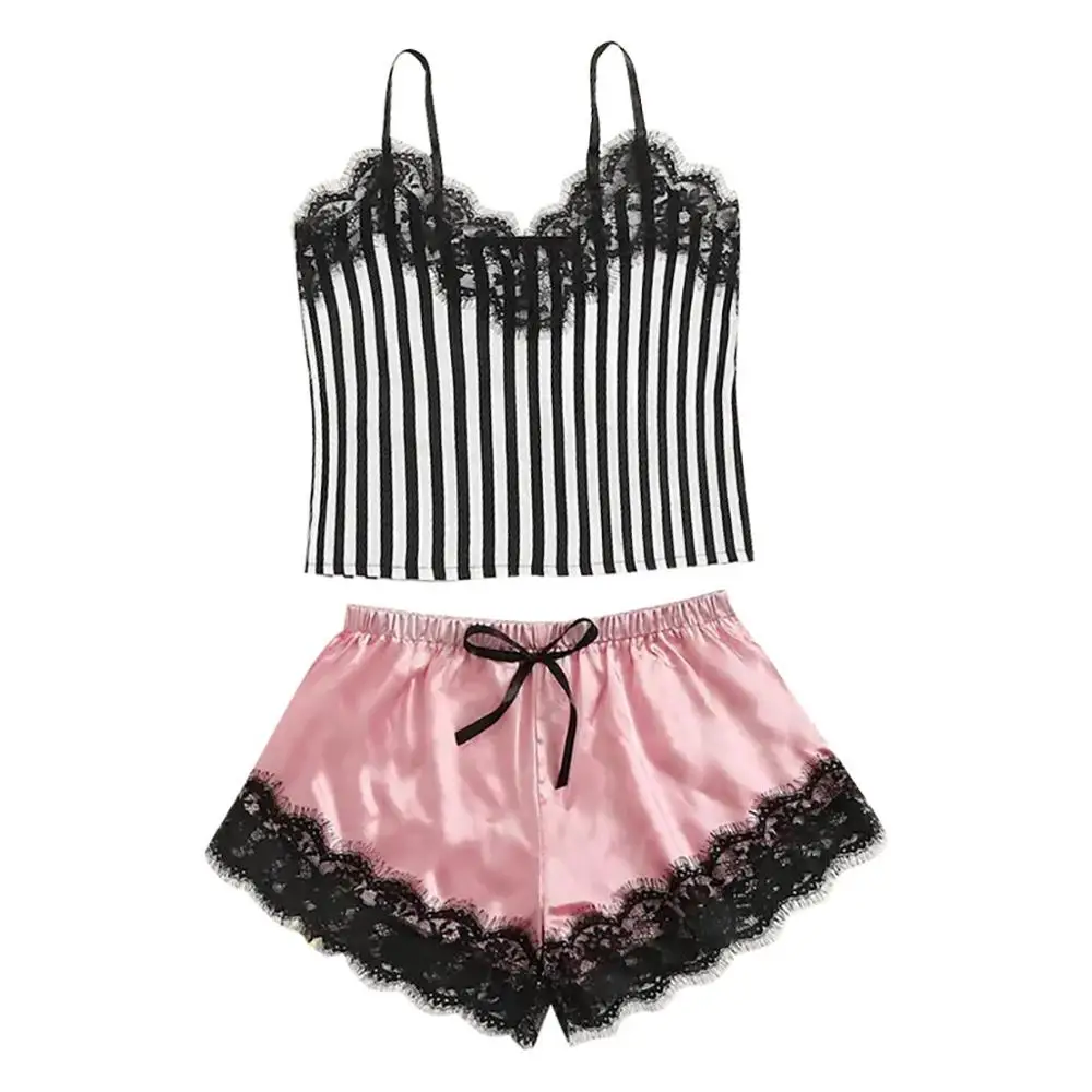 Black Женский кружевной атласный беспроводной бюстгальтер Camisole пижамы шорты с бантиком комплект пижамы 661SW1 - Цвет: Black