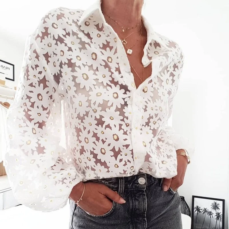 

Donsignet Fashion Women's Blouse New Summer Casual Lapel Pullover Flower Print Sexy Perspective Long-sleeved Blouse