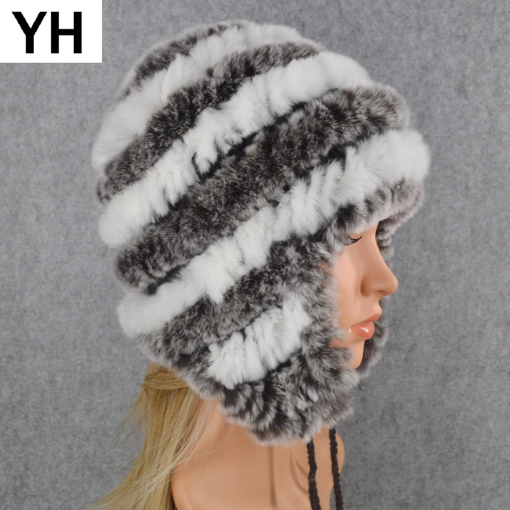 Новинка Хорошие эластичные вязаные с мехом кролика меховые шапки бини зимняя