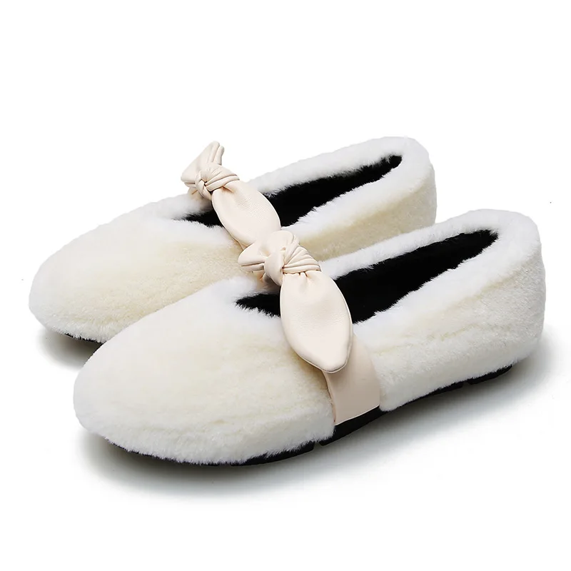 Меховые лоферы Зимняя Теплая обувь женские плюшевые Балетки без шнуровки с