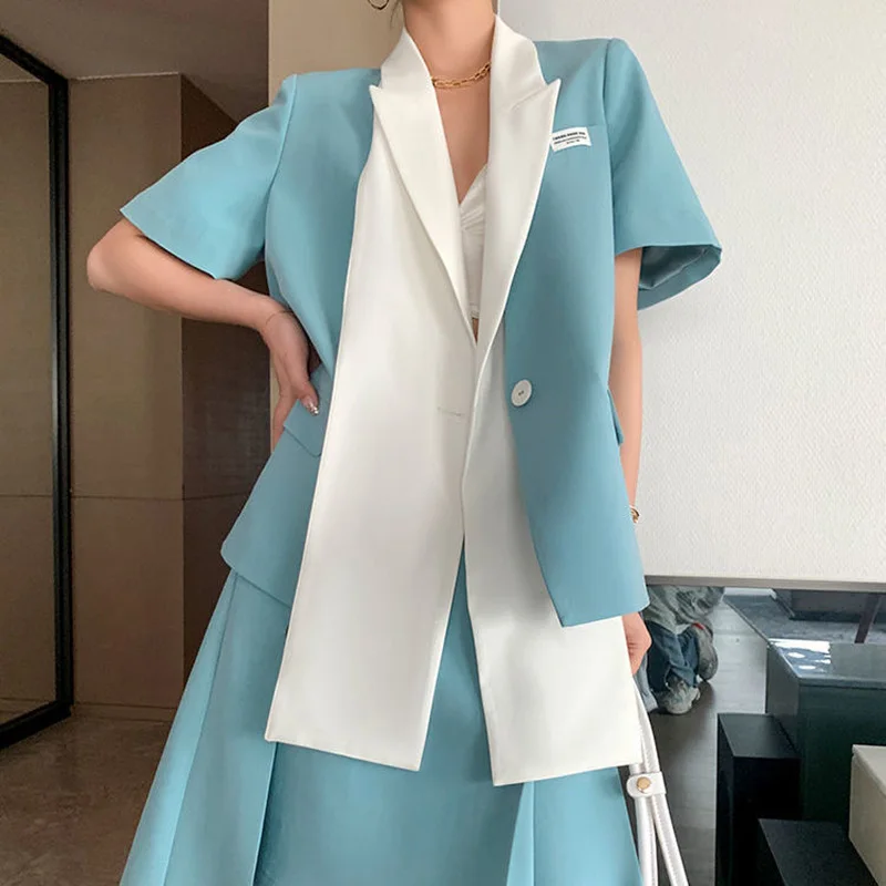 

Women Two-Piece Sets Summer Korean New Style Office Ladies Loose Short Sleve Blazer and High Waist Slim Solid Color Skirt Suit