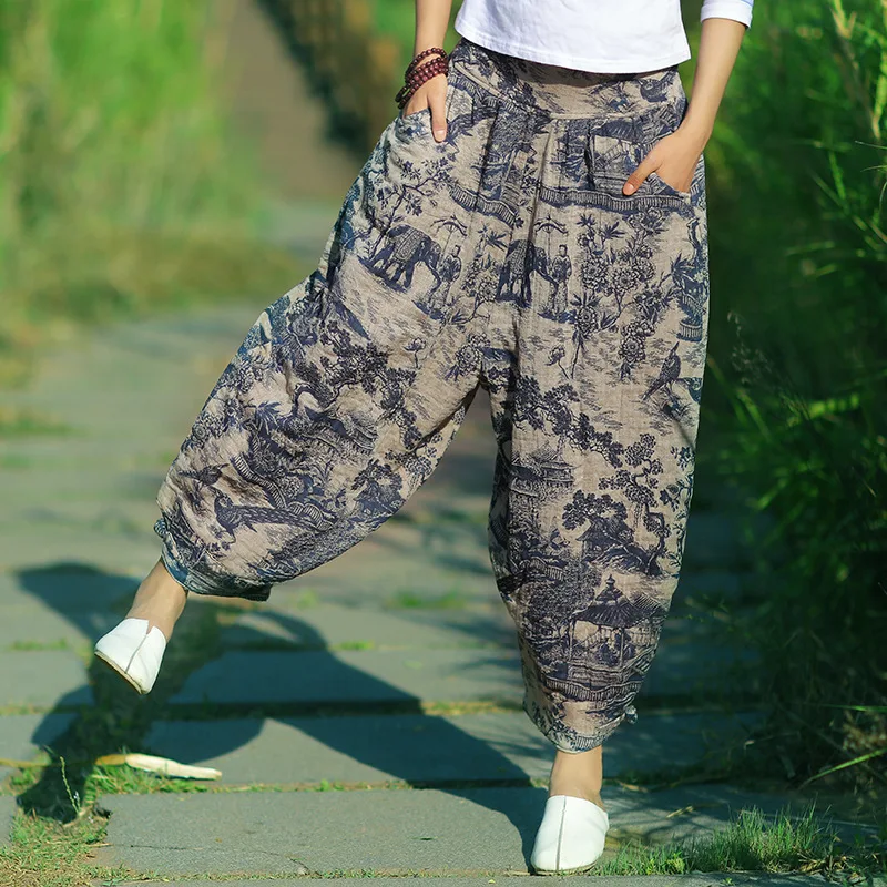Штаны шаровары Johnature женские винтажные с цветочным принтом хлопковые льняные