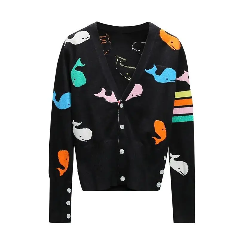 

Colorful little whale jacquard coat women's 2020 spring new college style V-Neck long sleeve knitted cardigan