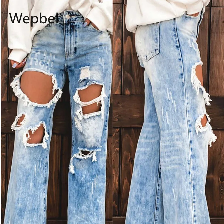 Джинсы WEPBEL женские с дырками рваные джинсы завышенной талией модные брюки из
