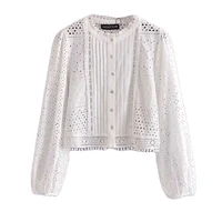 za 2021 summer women white cardigan hollow out blouses mujer long sleeve pleated hole top single breasted embroidery shirt femme