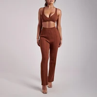 two piece pants set 2021 women sexy crop top and pants set flare pants long v neck knitted top sexy for party clubwear