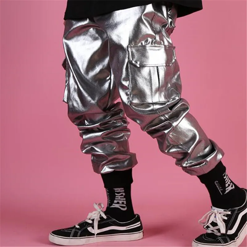 Мужские повседневные кожаные шаровары уличные Серебристые брюки-карго с