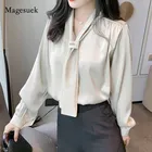 Женская атласная рубашка, Осенние шифоновые Женские топы и блузки, одежда для офиса, женская рубашка с длинным рукавом, Офисная стильная Свободная рубашка с V-образным вырезом, 10842