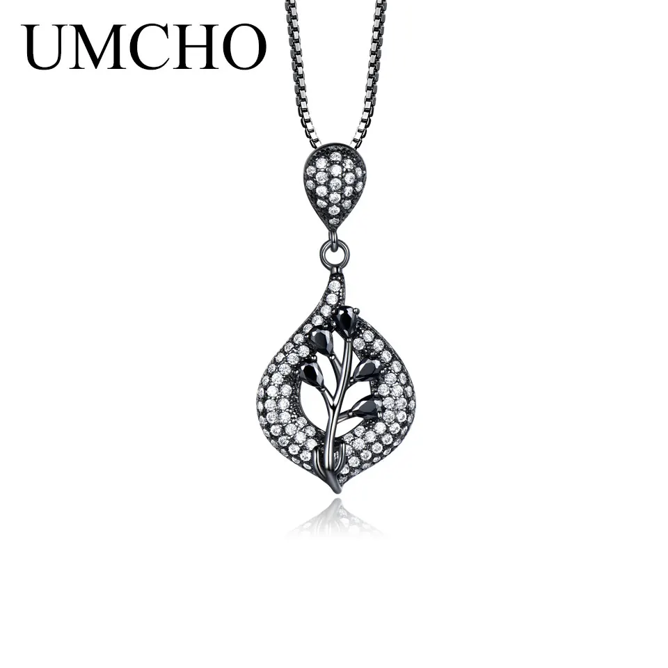 UMCHO Твердые 925 пробы Серебряный лист черный кулон ожерелье драгоценный камень для девочки подарок ювелирные украшения
