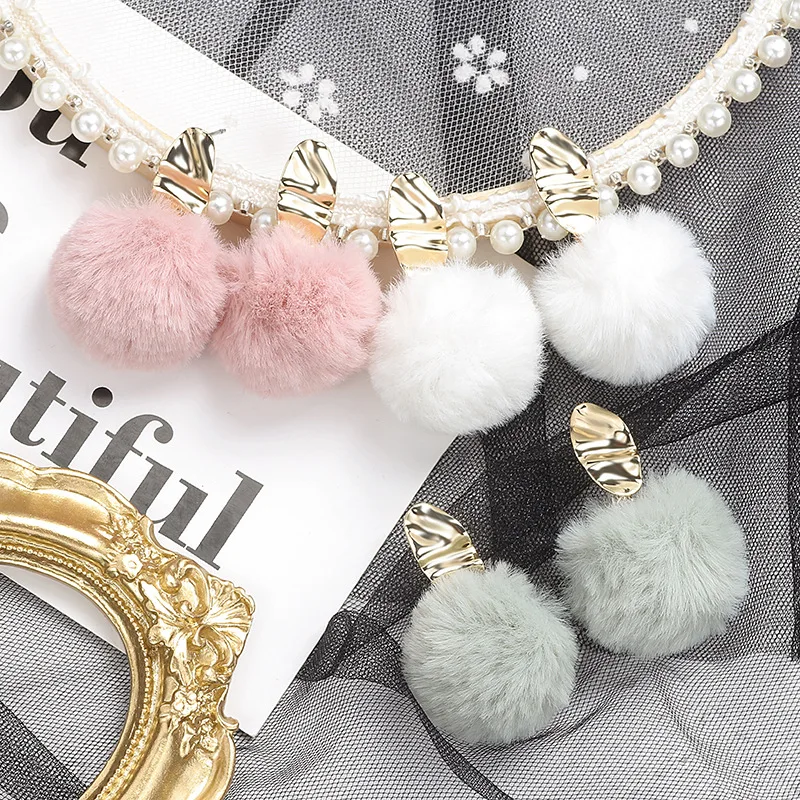 3cm Faux Rabbit Fur Pendent Pompom ball Stud Earrings Metal earring for Girl Jewelry | Украшения и аксессуары