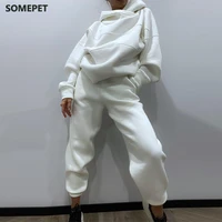 women hoodie tracksuit thick warm pullover high waist trouser suit solid sportswear two piece set long sleeve autumn winter