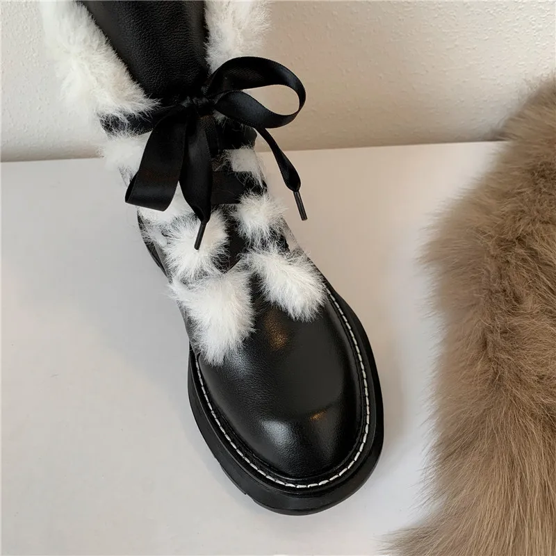 Beli MoonMeek 2021 Kulit Asli Sepatu Nyaman Med Sepatu Hak Round Toe Sepatu Bot Salju Fashion Renda Tetap Hangat Pergelangan Kaki Sepatu Wanita