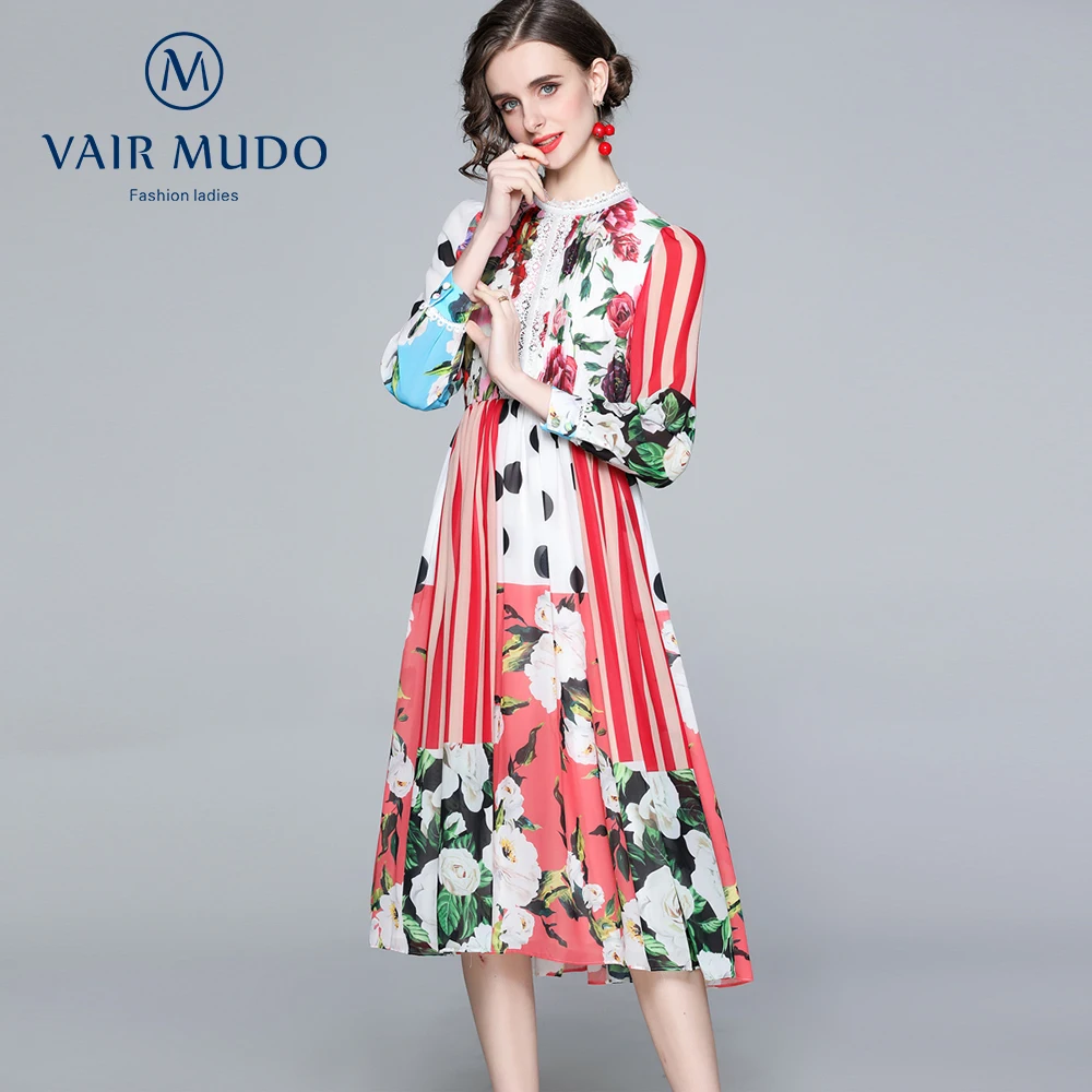 

Women Spring Summer Autumn Dress Retro Lace Polka Dot Rose Stripe Print Slim Slimming Long-Sleeved Dress Elegant Fashion Y-242
