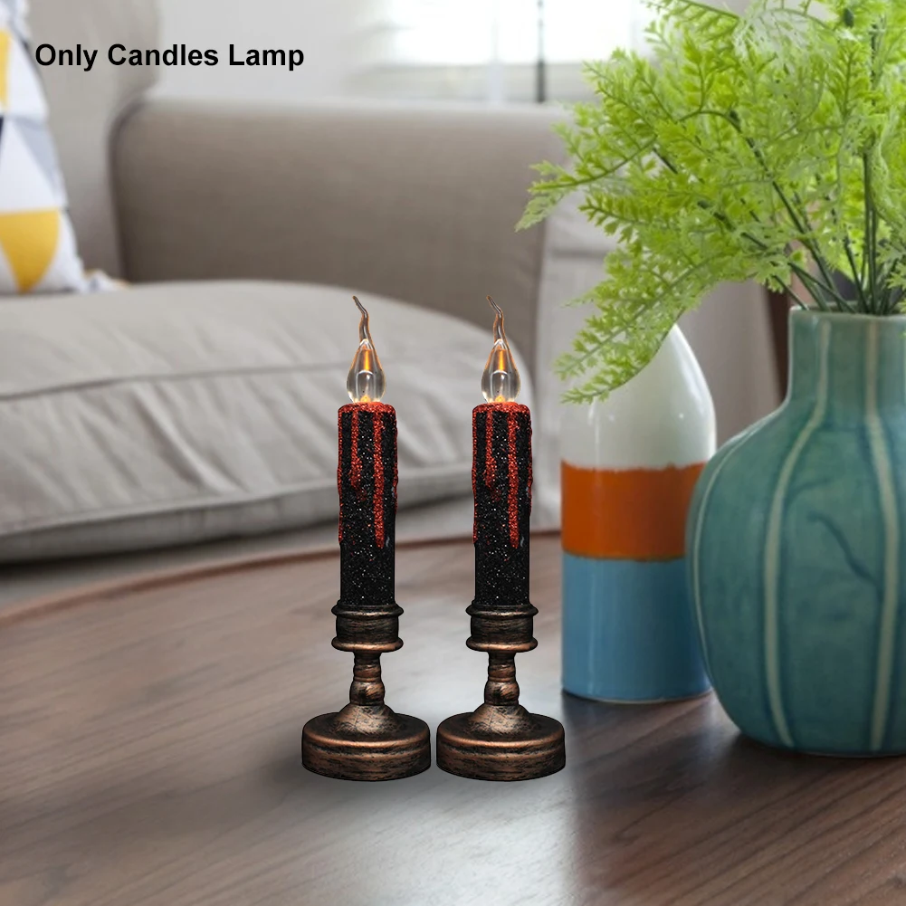 

2pcs Church Candle Light Halloween Decor Party Plastic Window Battery Operated With Base Flameless Realistic Retro Led