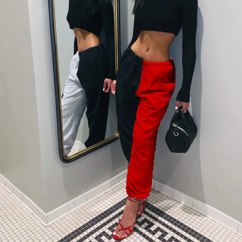 

2020 new fashion ladies loose black and white contrast color thin high waist casual pants running fitness beam feet sports pants
