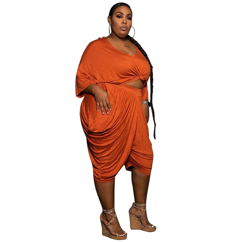 

4XL размера плюс комплект из двух предметов для женщин топы с круглым вырезом и брюки длиной до колен костюм 2021 новые летние Однотонная повсе...