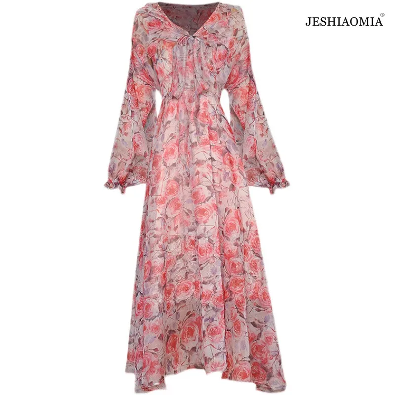 

JESHIAOMIA- 2021 Pre-Autumn V Neck Floral Print Sleeveless Dress & Cape