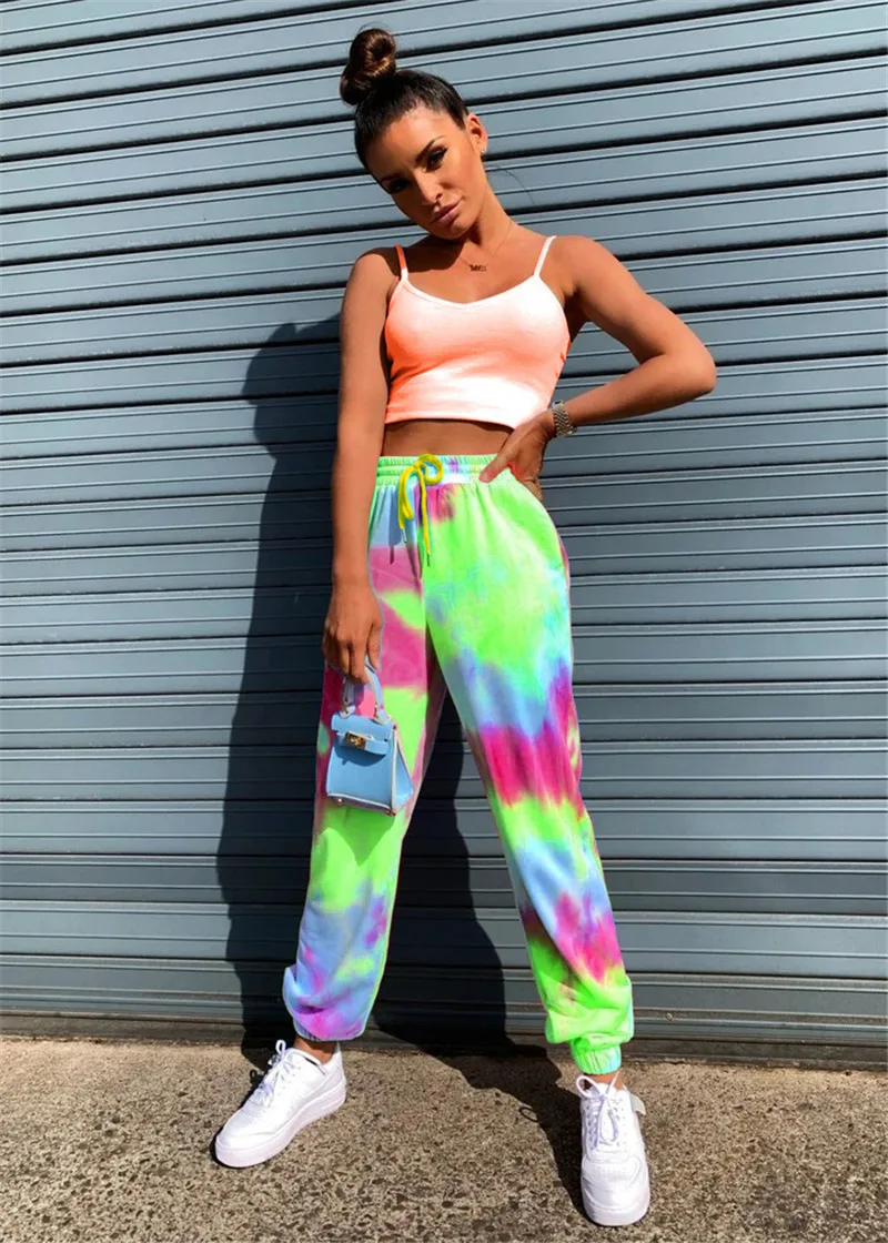 

Tie-dye Print Long Pant High Street Women 2020 Casual Pants Elastic Waist Wide Leg Pants Autumn Loose Sport Running Pant 4 Color