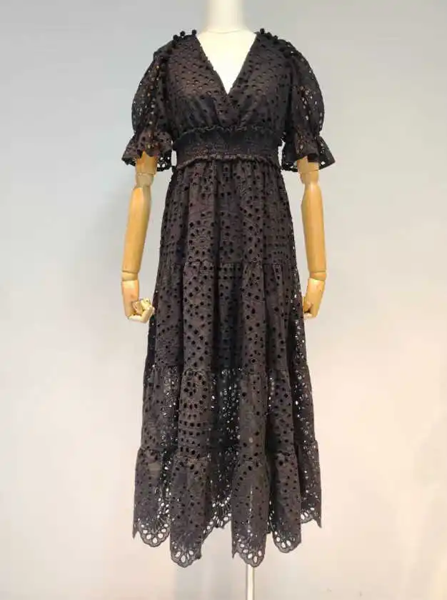 

[DEAT] new summer dress V-neck half sleeves lace high wiast A-line big bottoms pullover long dress vacation vestido WR45303L