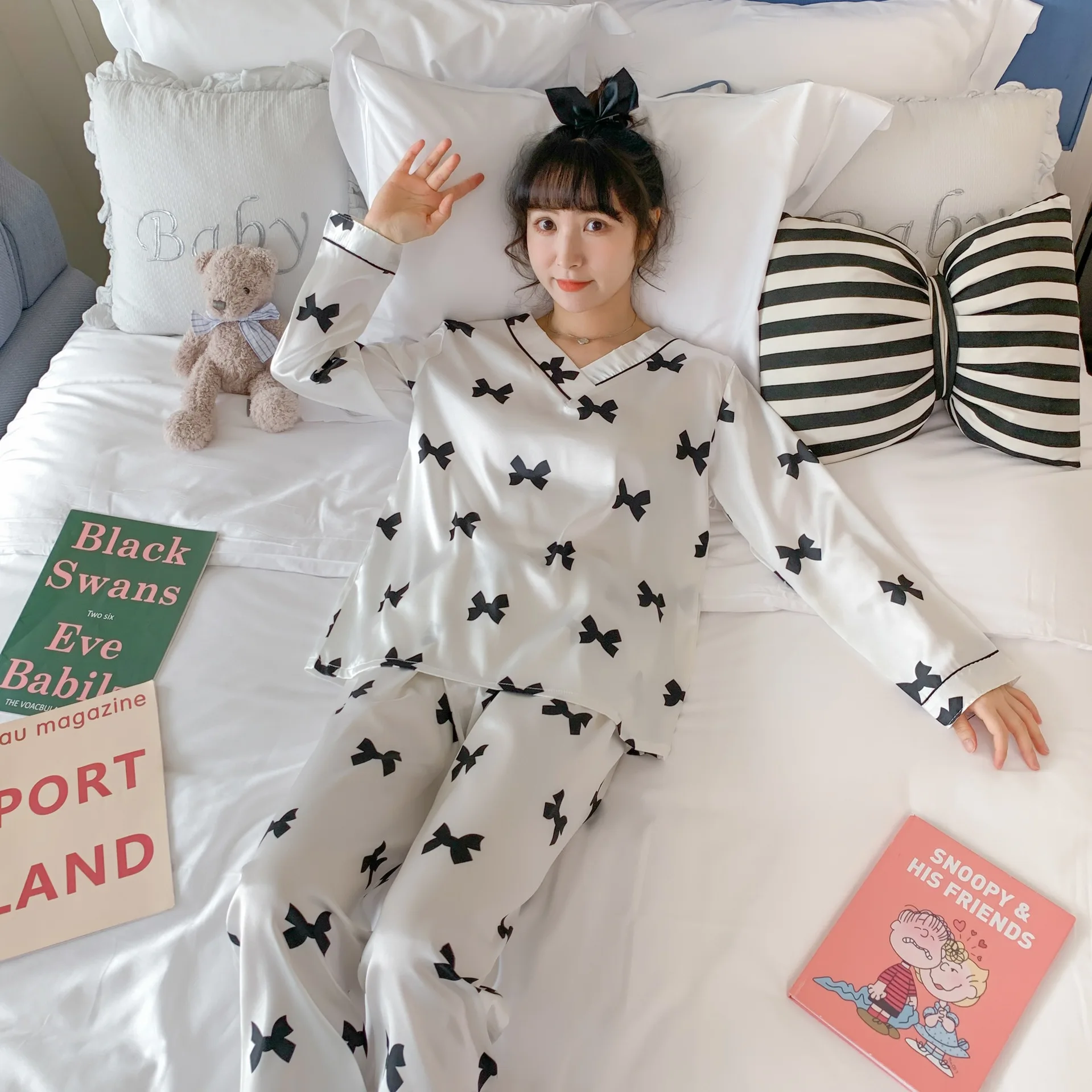 

Женская Осенняя пижама с длинными рукавами из вискозы, атласная одежда для сна, домашняя одежда, одежда для сна, Женский пижамный комплект