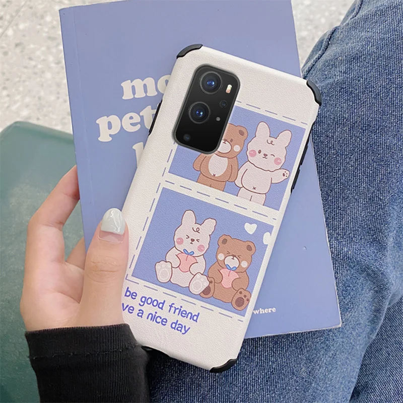 

Little Bear And Bunny Case For Oneplus 9 9pro 8t 8 8pro Four Corners Stick Leather Cover