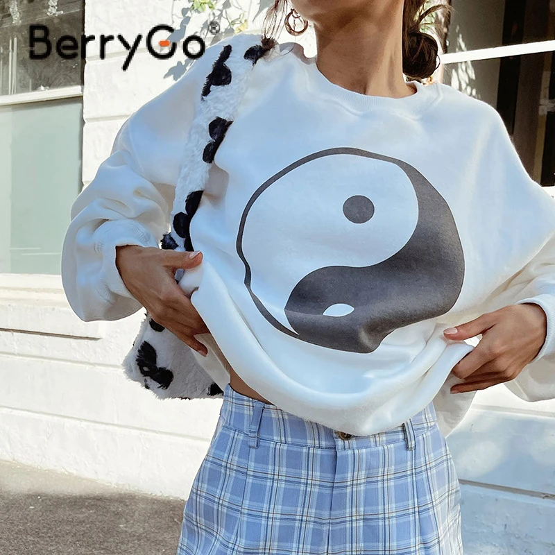

Повседневный Женский свитшот BerryGo с длинным рукавом, модный однотонный свитшот большого размера, уличный пуловер, белые топы