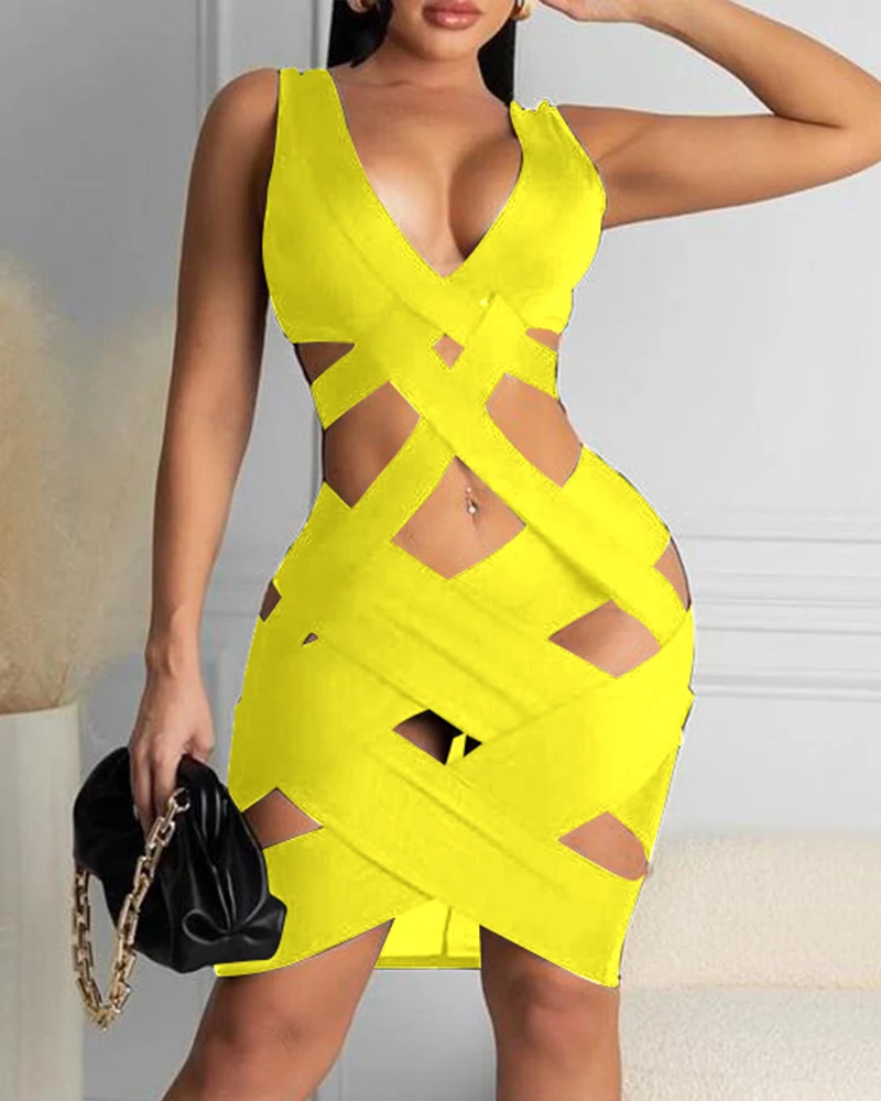

2021 Women Elegant Sexy Party Dress Female Stylish Patchwork Dress Plain Cutout Sleeveless Bodycon Dress
