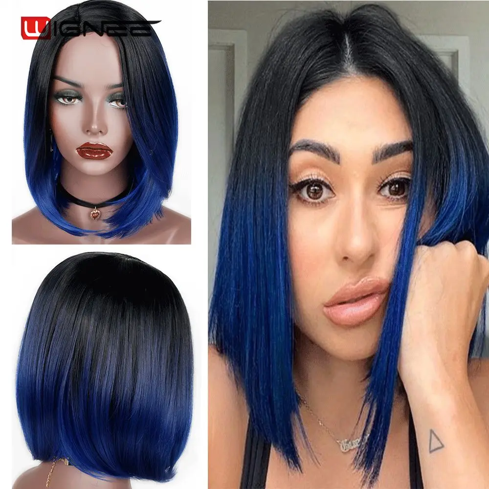 Wignee короткие синтетические парики для волос Ombre Цвет Синий Glueless Косплей черных