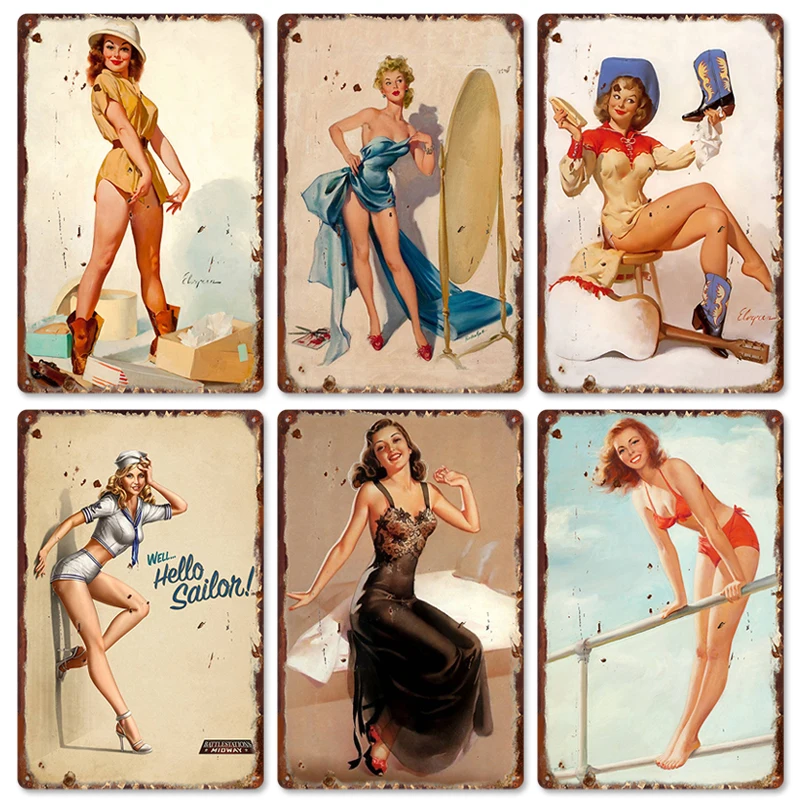 

Pin Up Girl Tin Sign Plaque Metal Vintage Sexy Metal Sign Wall Decor for Bar Pub Club Man Cave Retro Signs Metal Painting