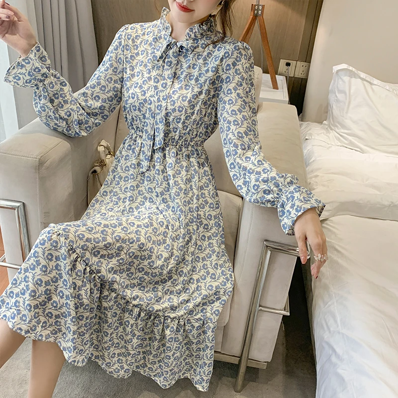 

New Korean Spring And Summer Floral Chiffon Dress Women A-Line Mid-Length Chiffon Trumpet Sleeve Bowknot Versatile Dress Women's