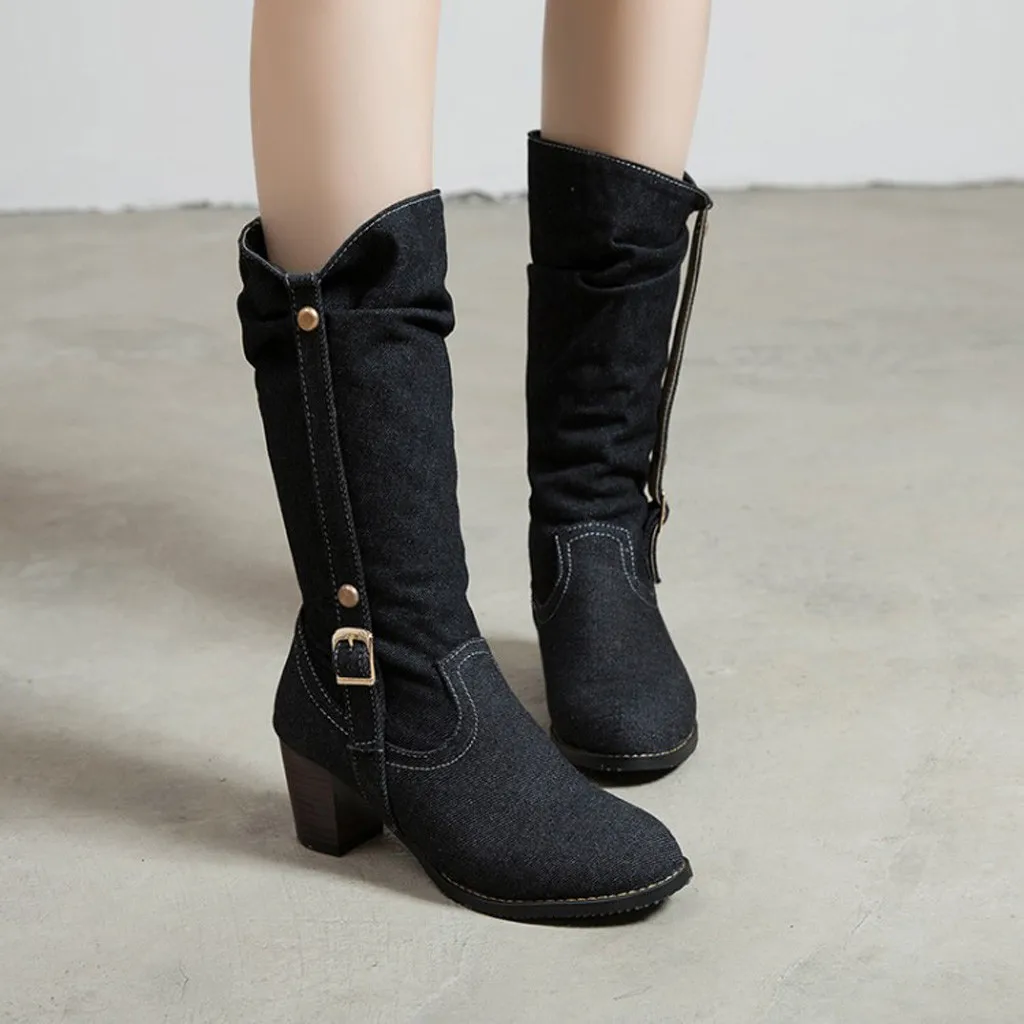 Женские ковбойские сапоги на платформе ботфорты шнуровке с круглым носком