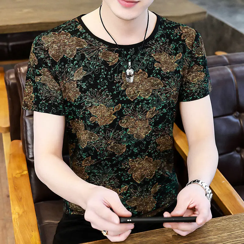 

Летняя шелковая футболка с коротким рукавом 2021, Мужская Корейская версия нового приталенного повседневного модного топа в западном стиле с...
