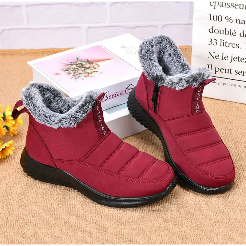 

Short Plush Keep Warm Women Flat Solid Colors Zip Round Toe Footwear Women's Snow boots Non-slip Waterproof Winter Ankle boots