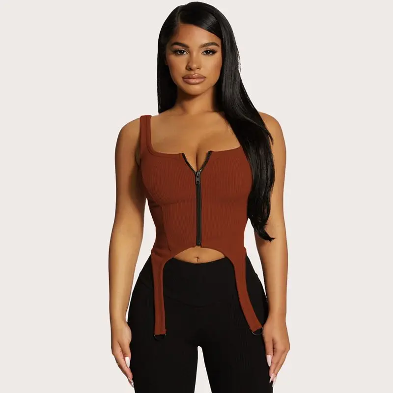 

Fashion Zipper Sexy Irregular Ribbon Vest Thin Section Hot Women Autumn Street Wear Solid Color Knitted Female Ribbed Top