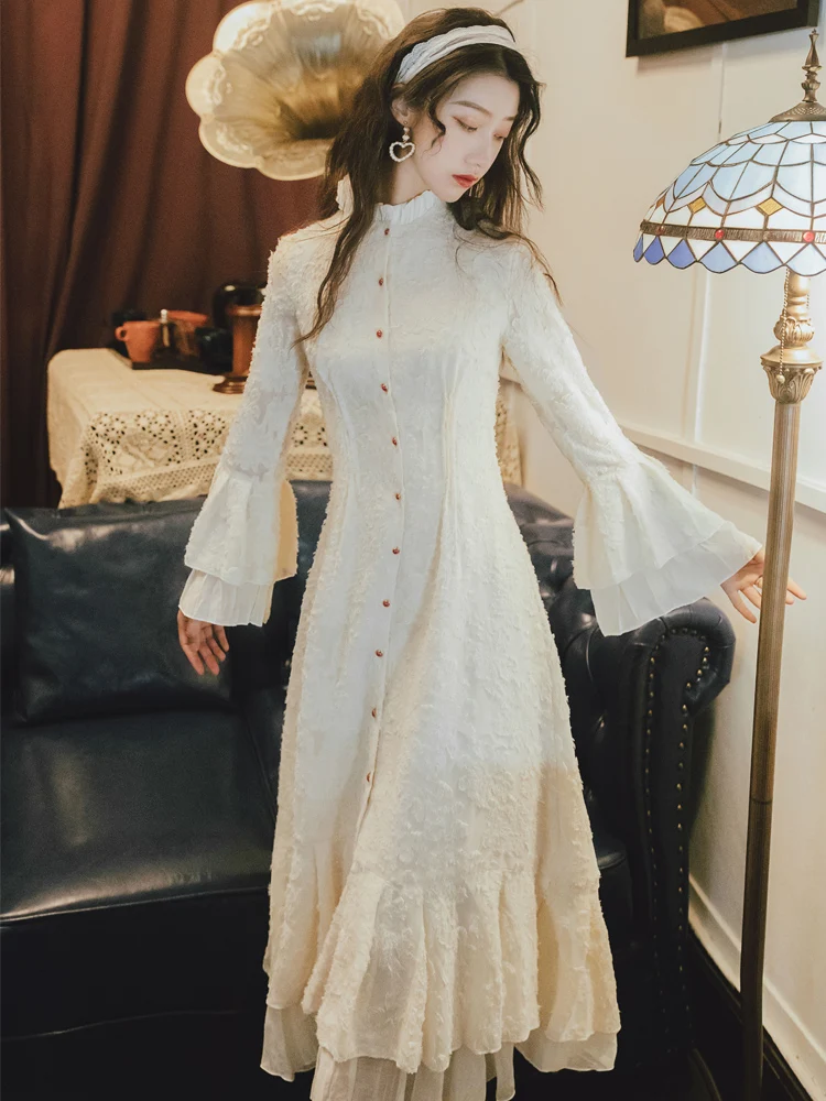 YOSIMI, бежевое кружевное женское платье средней длины, Осеннее, Vestidos, винтажное, длинный рукав, для вечеринки, до середины икры, длинный рукав, элегантные платья