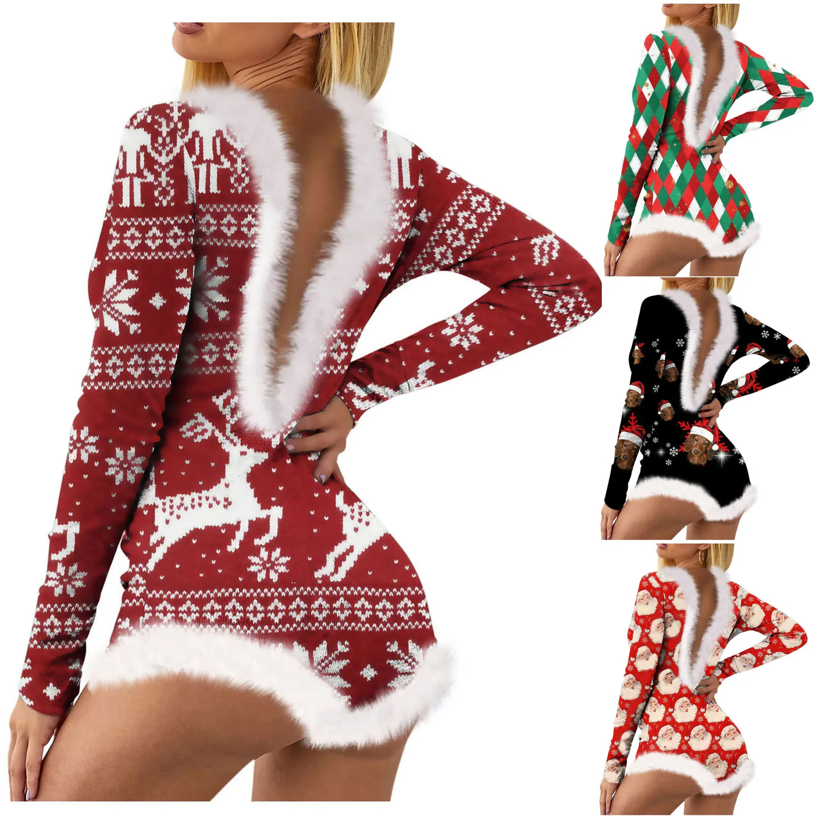 

Женский Рождественский комбинезон с принтом, соблазнительные облегающие пикантные колготки с V-образным вырезом, бретелькой через шею и дл...