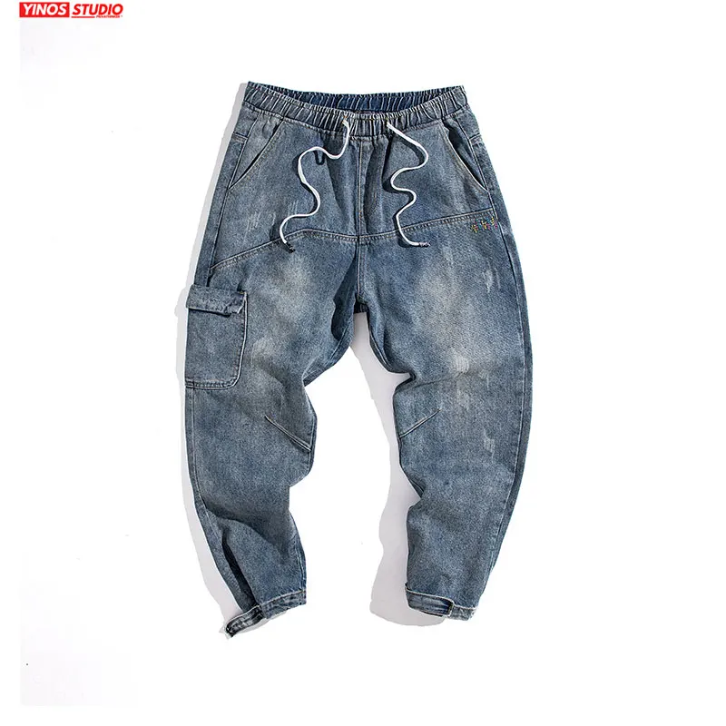 

Dropshipping 2020 Japanese Mens Pants Men Solid Streetwear Pocket Denmin Pants Male Distressed Jeans