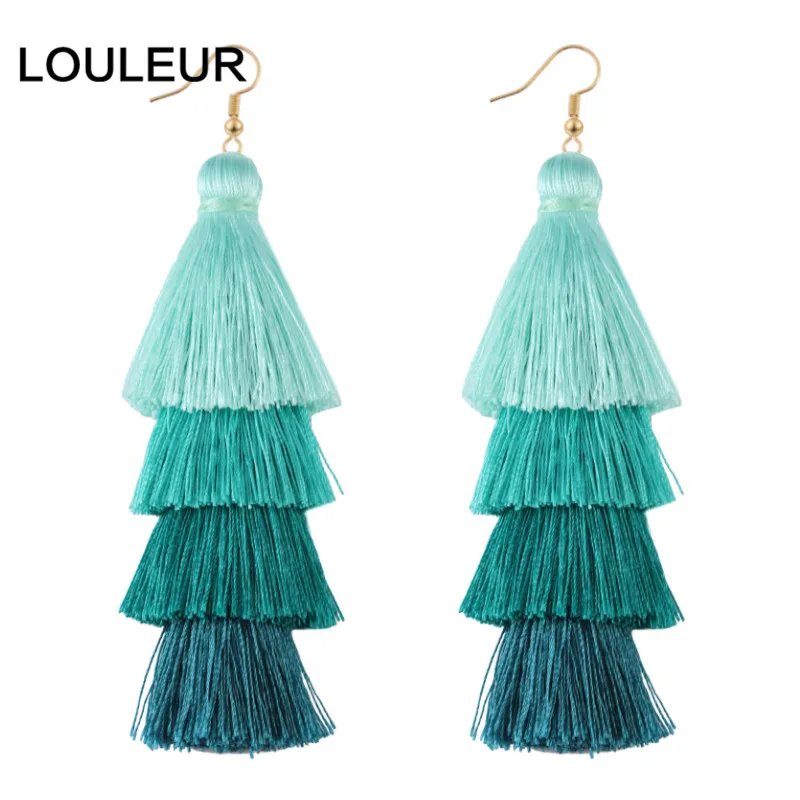 Gradient green Новинка, 4 слоя, богемные многоцветные массивные серьги-кисточки, желтое кольцо для ушей, женские большие висячие серьги,, бохо, индийские ювелирные изделия - Окраска металла: Gradient green