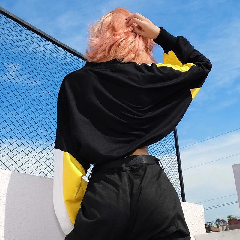 Sweetown с длинным рукавом Свободные кроп в Корейском стиле женские худи и свитшоты