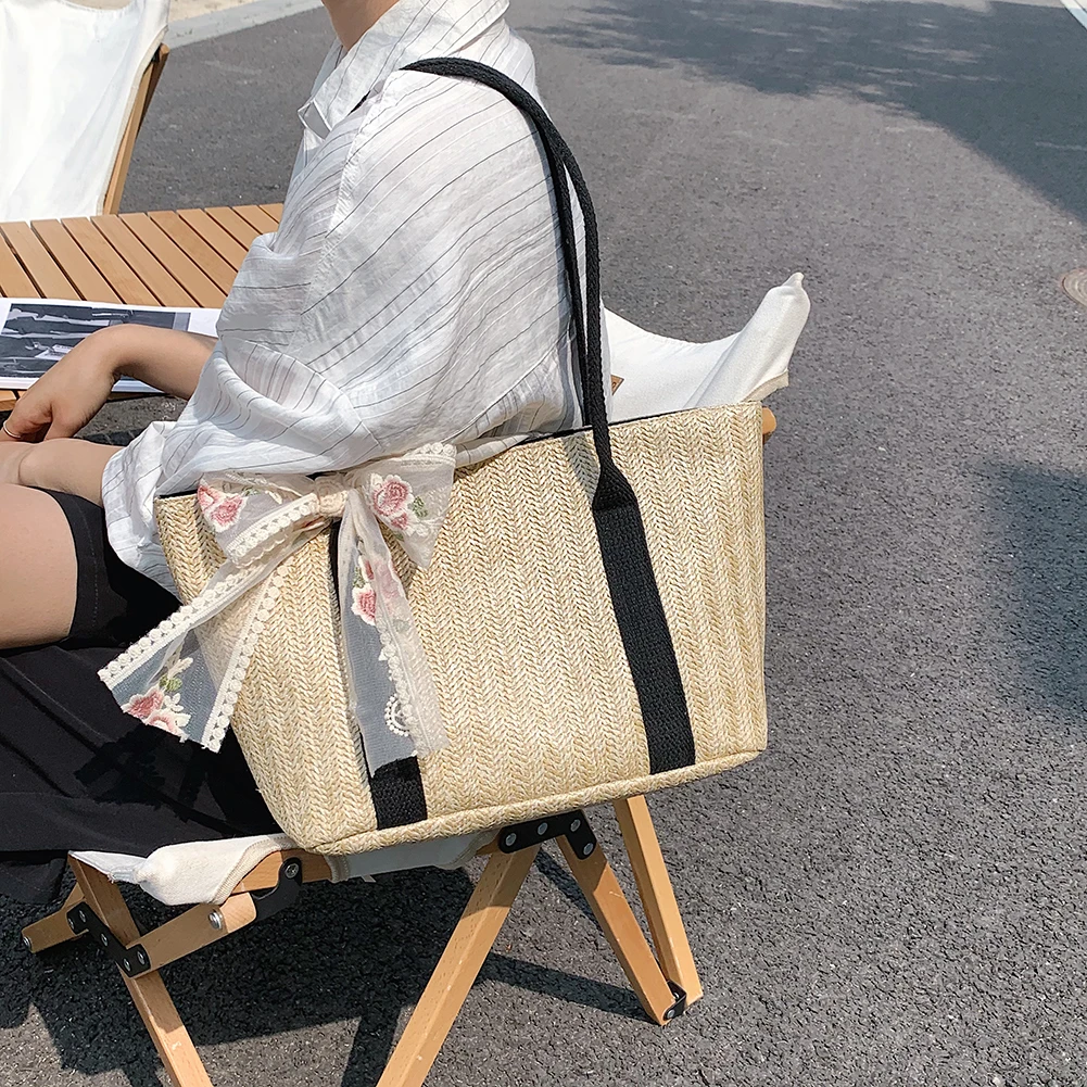 Модная женская Соломенная плетеная Сумка для покупок с цветочным кружевом и лентой, повседневная женская летняя пляжная вместительная сум...