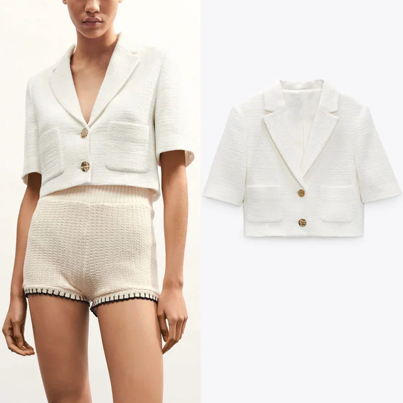 

Za 2021 Textured Crop Female Blazer Summer Lapel Short Sleeve White Blazer Casual Elegant Lining Button Vintage Blazers Women