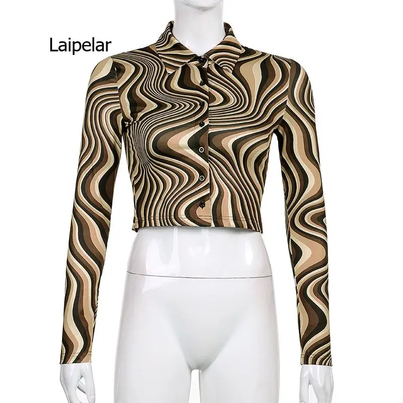

Printed Short Shirt Women's 2021 New High Street Wear Retro Water Ripple Breasted Lapel Fashion Casual Top