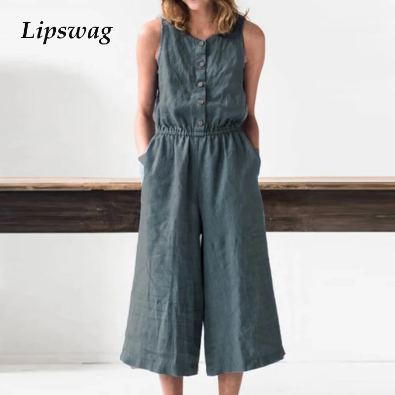 

Женский джинсовый комбинезон без рукавов, повседневный однотонный комбинезон с пуговицами и карманами, брюки до щиколотки, уличная одежда ...
