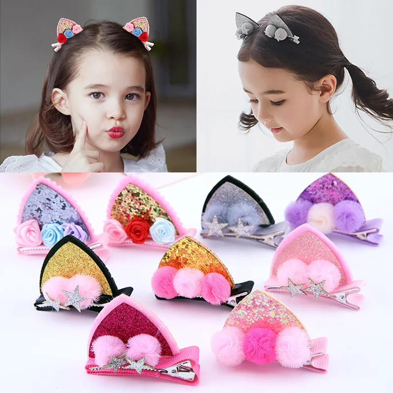 

2pcs/Set Cute Hair Clips For Girls Glitter Rainbow Felt Fabric Flowers Hairpins Cat Ears Bunny Barrettes Kids Hair Accessories