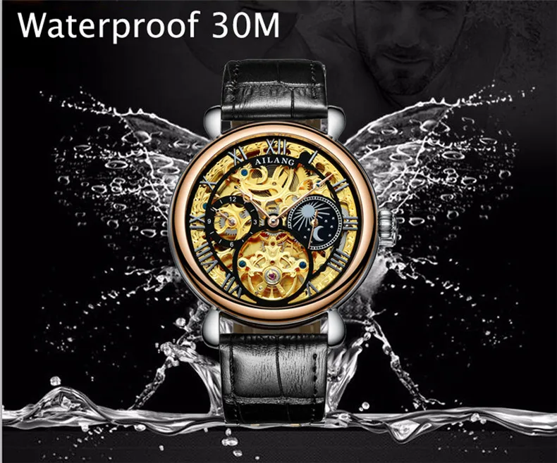 AILANG Moon Phase, мужские винтажные автоматические механические часы, мужские часы со скелетом, s Tourbillon, часы, лучший бренд, Роскошные, Новинка