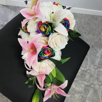 custom made rainbow rose pink lily poney wedding bouquet waterfall style cascading ramos de novia cascada ramos para novia