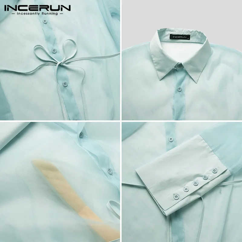 

INCERUN Fashion Men Mesh Shirt See Through Lapel Long Sleeve Streetwear Party Nightclub Shirts 2021 Sexy Lace Up Camisas S-5XL